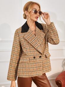 SHEIN Unity Lapel Collar Double Button Placket Plaid Pattern Overcoat - Multicolor - View 5
