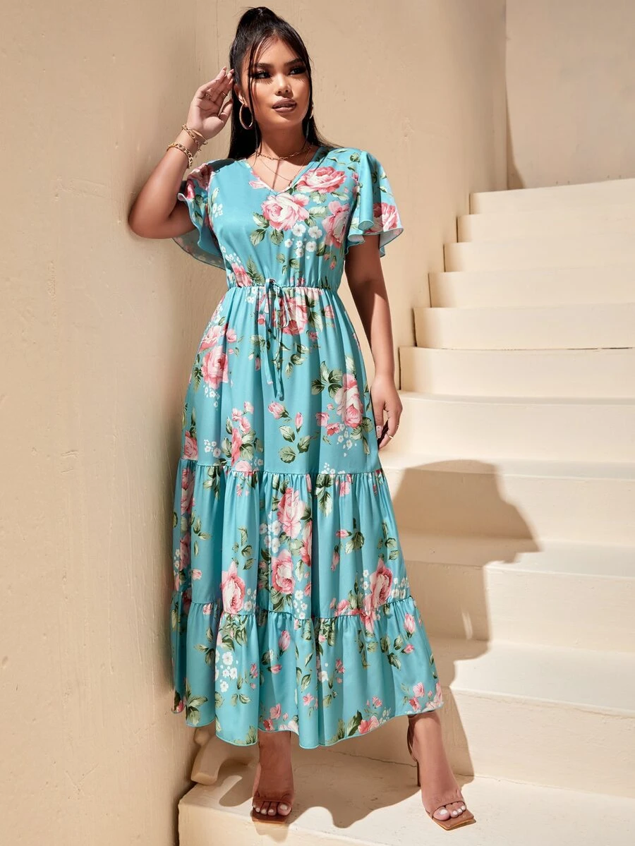 Đầm Viên lá sen Dây rút giả Hoa Boho - Màu xanh bạc hà - Xem 1