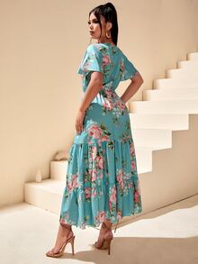 Đầm Viên lá sen Dây rút giả Hoa Boho - Màu xanh bạc hà - Xem 2