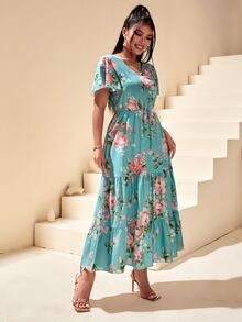 Đầm Viên lá sen Dây rút giả Hoa Boho - Màu xanh bạc hà - Xem 3