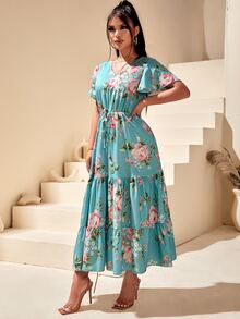 Đầm Viên lá sen Dây rút giả Hoa Boho - Màu xanh bạc hà - Xem 5