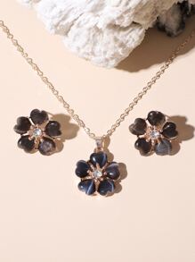 3pcs Flower Decor Jewelry Set - Black - View 2
