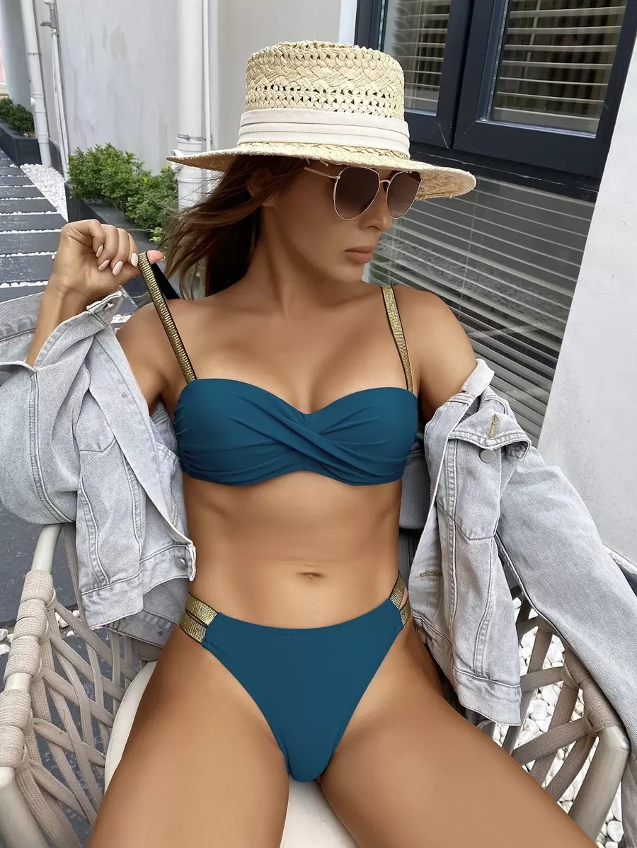 對比色帶推擠式比基尼 - 水鴨藍 - 查看 1