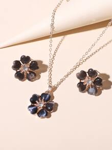 3pcs Flower Decor Jewelry Set - Black - View 4
