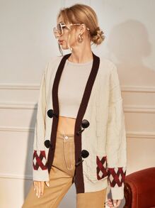 SHEIN Privé 拼接邊紐扣格紋口袋開襟衫 - 杏色 - 查看 1