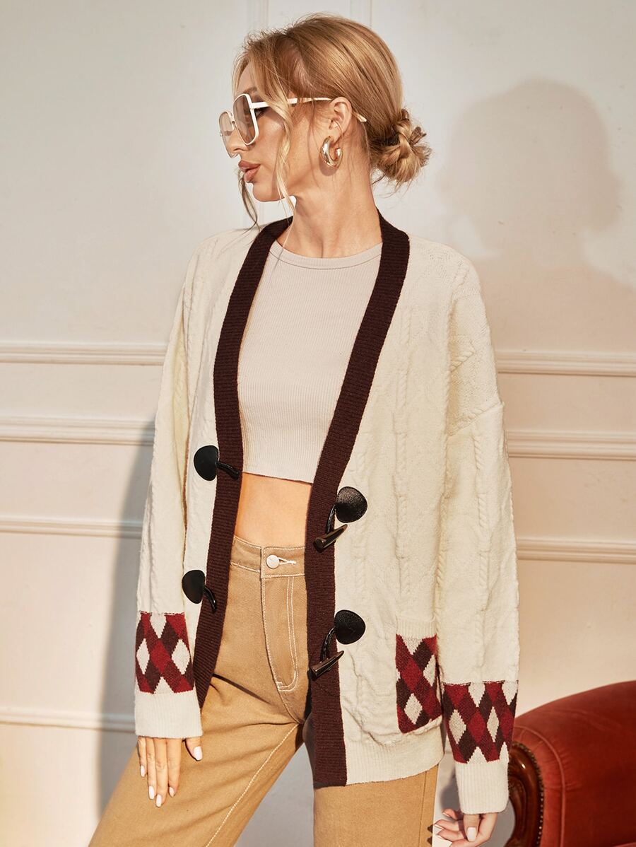 SHEIN Privé 拼接邊紐扣格紋口袋開襟衫 - 杏色 - 查看 1