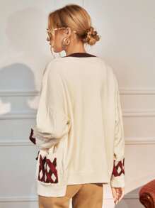 SHEIN Privé 拼接邊紐扣格紋口袋開襟衫 - 杏色 - 查看 2