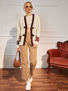 SHEIN Privé 拼接邊紐扣格紋口袋開襟衫 - 杏色 - 查看 3