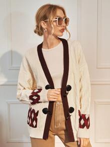 SHEIN Privé 拼接邊紐扣格紋口袋開襟衫 - 杏色 - 查看 4