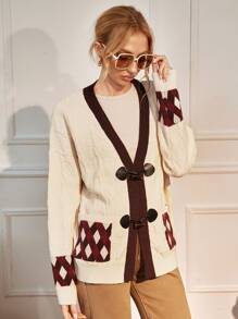 SHEIN Privé 拼接邊紐扣格紋口袋開襟衫 - 杏色 - 查看 5