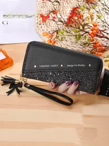 Yogodlns Tassel Decor Glitter Checkbook Cover Slim Portable Cash White-Collar Workers For Female College Work Business Commute Office For Anniversary For Birthday Gift On Valentine Day Gift Gift Wristlet Wallet Wristlet Wallet For Women Wallet Purse Wallet Long Wallet - Black - View 3