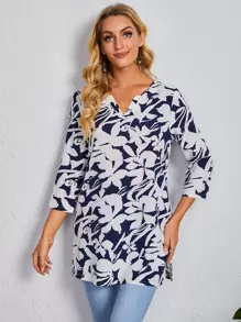 EMERY ROSE 缺口V領花卉印花開衩側上衣