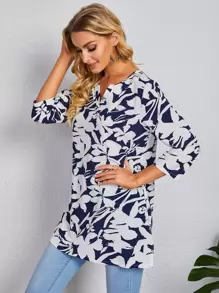 EMERY ROSE 缺口V領花卉印花開衩側上衣