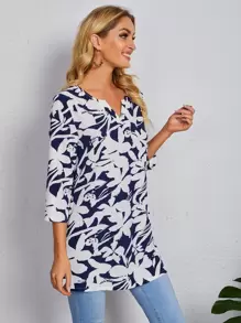 EMERY ROSE 缺口V領花卉印花開衩側上衣