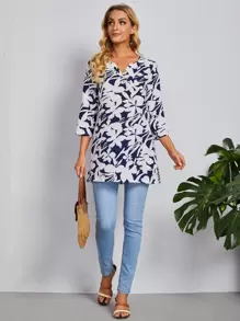 EMERY ROSE 缺口V領花卉印花開衩側上衣