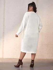 大碼落肩袖高衩不附腰帶毛衣裙 - 米色 - 查看 2