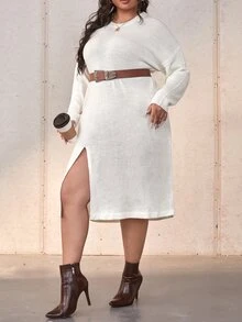 大碼落肩袖高衩不附腰帶毛衣裙 - 米色 - 查看 3