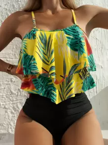 SHEIN Swim Summer Beach Tropical Print Tiered Layer Bikini - Multicolor - View 3