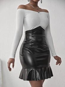 SHEIN SXY Váy nữ Nơ Bướm Viên lá sen Gân đan màu trơn Hấp dẫn - màu đen - Xem 5