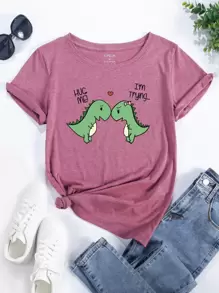 SHEIN LUNE 卡通恐龍和標語圖案T恤 - 淡紫色 - 查看 1