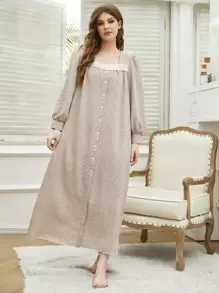 SHEIN Unity Ditsy In hoa Guipure Ren Chèn Tay áo đèn lồng Váy ngủ dài - Nhiều màu - Xem 3
