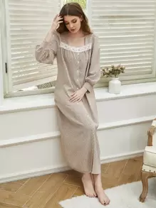 SHEIN Unity Ditsy In hoa Guipure Ren Chèn Tay áo đèn lồng Váy ngủ dài - Nhiều màu - Xem 4
