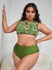 3packs Plus Size Plain Halter Triangle Bikini Set & Cover Up Top Summer Beach - Green - View 3