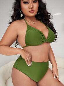3packs Plus Size Plain Halter Triangle Bikini Set & Cover Up Top Summer Beach - Green - View 4
