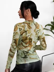 SHEIN Privé Marble Print Mock Neck Mesh Top Without Bra