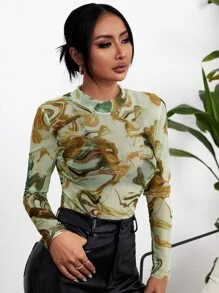 SHEIN Privé Marble Print Mock Neck Mesh Top Without Bra