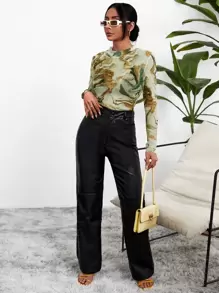 SHEIN Privé Marble Print Mock Neck Mesh Top Without Bra
