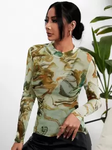 SHEIN Privé Marble Print Mock Neck Mesh Top Without Bra