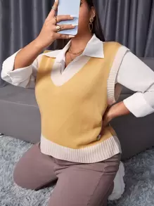 大碼拼接邊毛衣背心不帶襯衫 - 黃色 - 查看 1