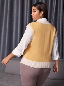 大碼拼接邊毛衣背心不帶襯衫 - 黃色 - 查看 2