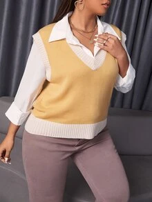 大碼拼接邊毛衣背心不帶襯衫 - 黃色 - 查看 4