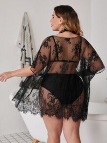 SHEIN Swim Curve 大碼花卉蕾絲開門襟和服罩衫 - 黑色 - 查看 2