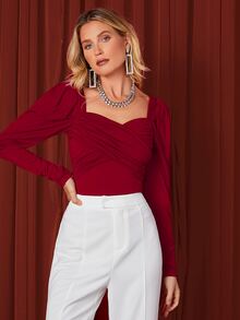 SHEIN Sweetheart Neck Cross Wrap Top - Burgundy - View 4