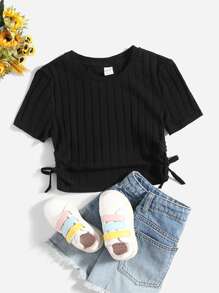 SHEIN Tops con gái Dây kéo Thắt nút Xù Gân đan màu trơn Giải trí - màu đen - Xem 1