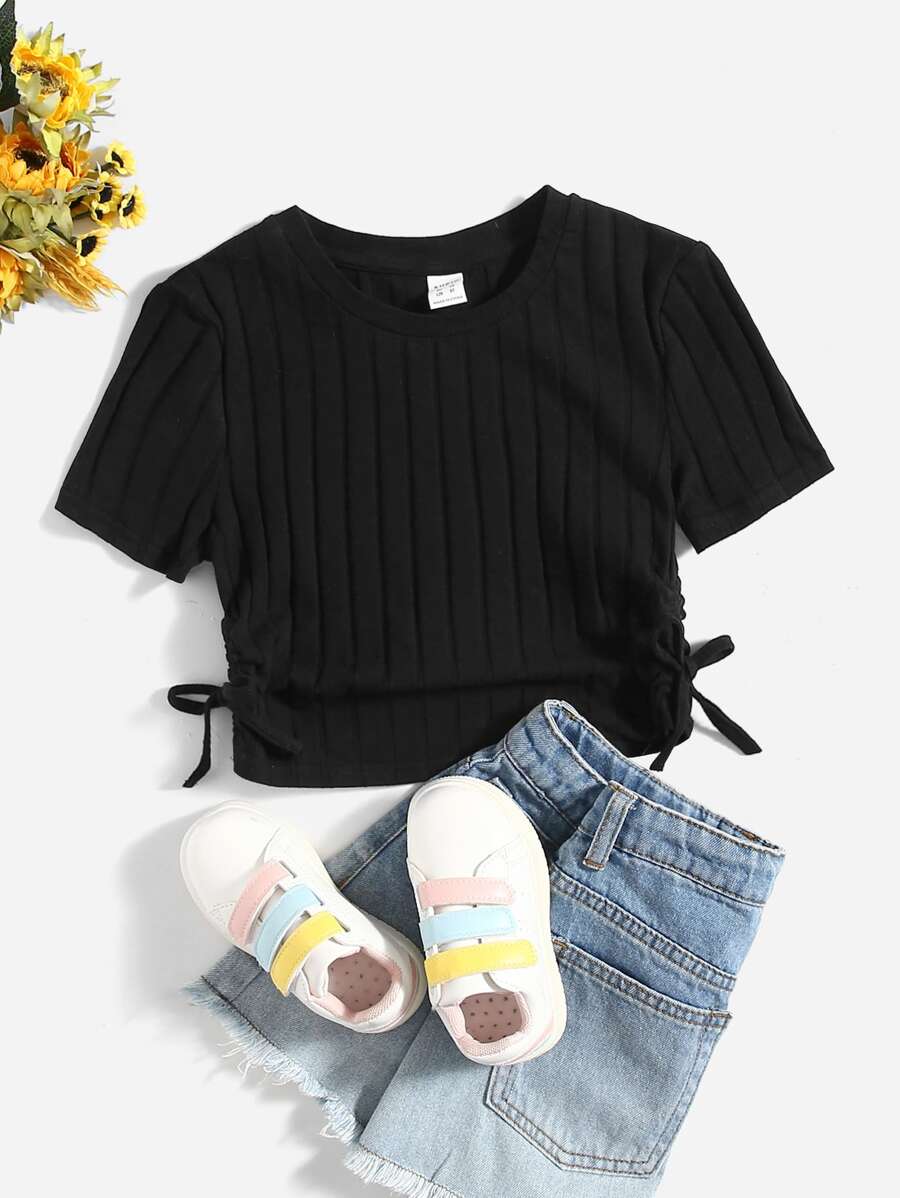 SHEIN Tops con gái Dây kéo Thắt nút Xù Gân đan màu trơn Giải trí - màu đen - Xem 1