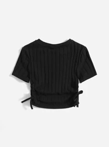 SHEIN Tops con gái Dây kéo Thắt nút Xù Gân đan màu trơn Giải trí - màu đen - Xem 2