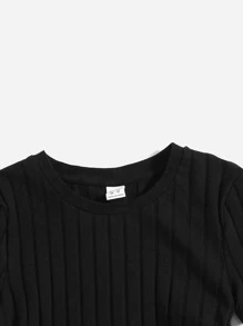 SHEIN Tops con gái Dây kéo Thắt nút Xù Gân đan màu trơn Giải trí - màu đen - Xem 3