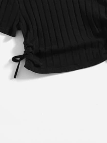 SHEIN Tops con gái Dây kéo Thắt nút Xù Gân đan màu trơn Giải trí - màu đen - Xem 4