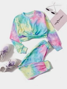 SHEIN Girls Tie Dye Wrap Cross Front Sweatshirt & Joggers Set - Multicolor - View 1
