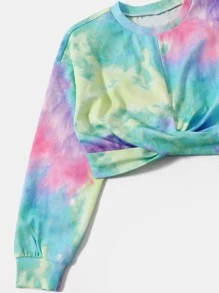 SHEIN Girls Tie Dye Wrap Cross Front Sweatshirt & Joggers Set - Multicolor - View 3