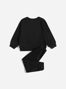 SHEIN 小男童骷髅圖案套頭衫和運動褲 - 黑色 - 查看 2