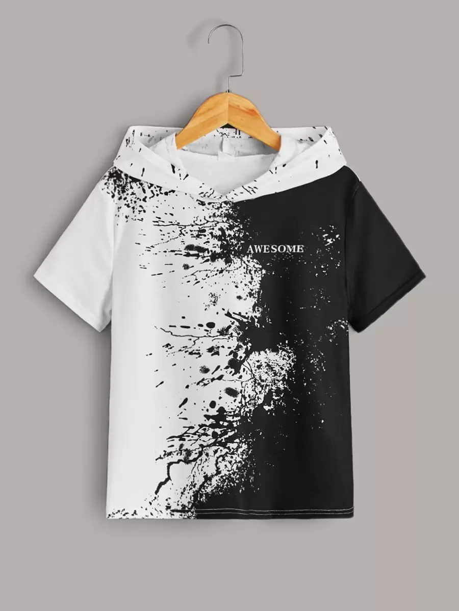 SHEIN Tween Boy Letter Graphic Splash Print Hooded Tee