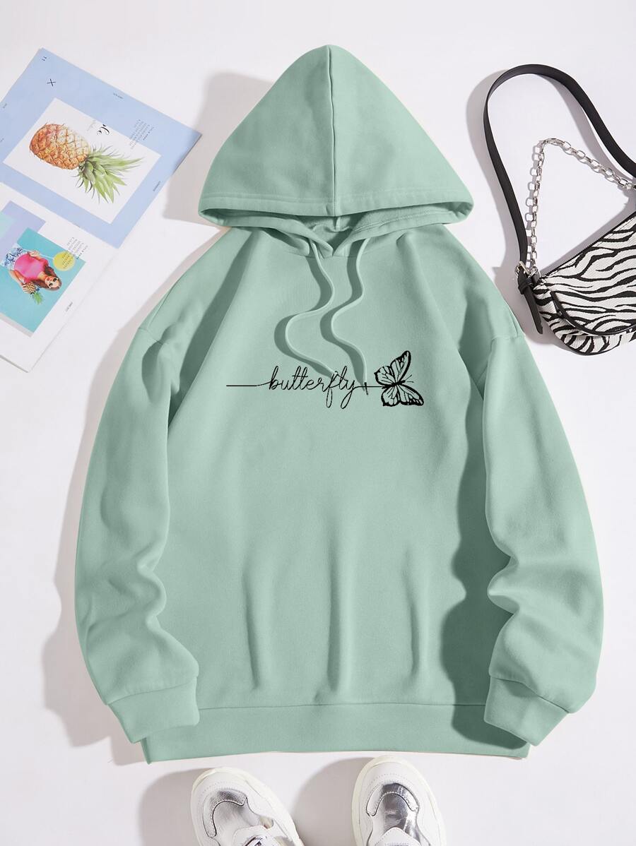 SHEIN EZwear Letter & Butterfly Print Drawstring Detail Thermal Lined Sweatshirt - Mint Green - View 1