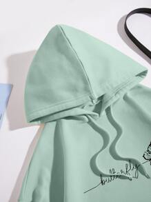 SHEIN EZwear Letter & Butterfly Print Drawstring Detail Thermal Lined Sweatshirt - Mint Green - View 6