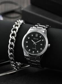Rclock 1 pieza Hombres con diseño de diamante de imitación Reloj cuarzo con fecha & 1 pieza Pulsera - Plateado - Ver 1