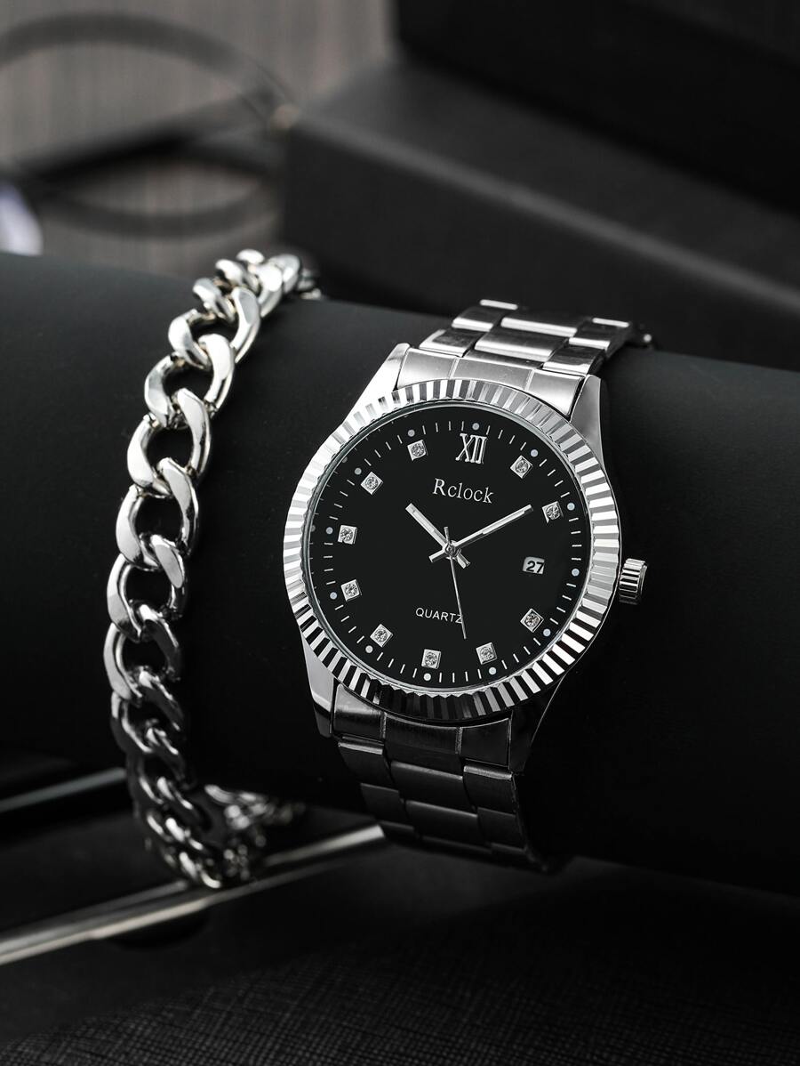 Rclock 1 pieza Hombres con diseño de diamante de imitación Reloj cuarzo con fecha & 1 pieza Pulsera - Plateado - Ver 1